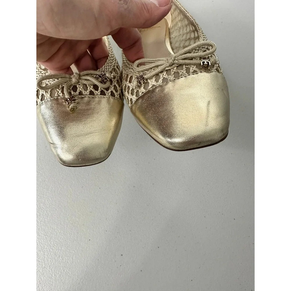 Sam Edelman May Ballet Flats Woven Mesh Square Toe Size 8M Gold Metallic Bow